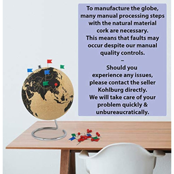 Clear cork globe with 54 different pins - spinning globe 26cm high made of cork - globe as a gift idea for globetrotters