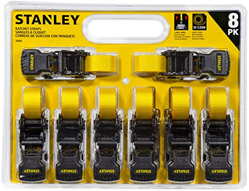 STANLEY S1007 Black/Yellow 1.5" x 16' Ratchet Tie Down Straps - 1,100 lb Safe Working Load / 3,300 lb Break Strength, 2 Pack