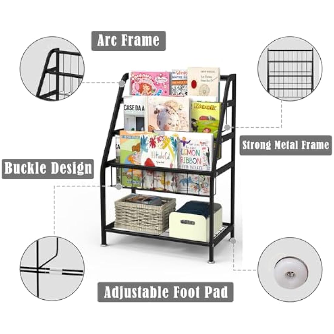 Huhote Children Kids Bookshelf, Small Bookcase, Kids Book Rack, Book and Toy Storage Organizer Display Stands Shelf for Small Place Living Room Study Children's Room (Black)