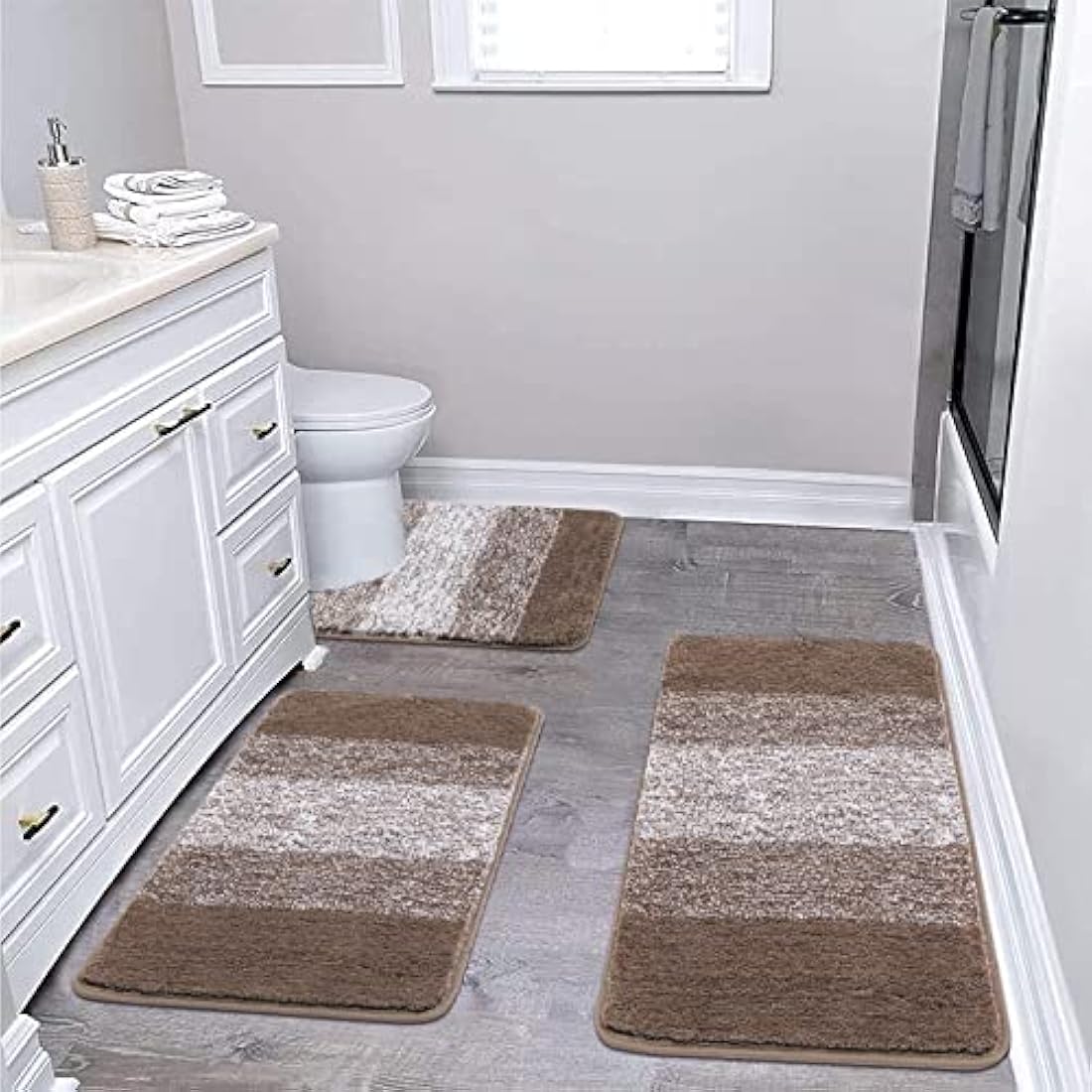 Enyhom Bath Mat Sets 3 Piece Non Slip Washable Bathroom Mat and Pedestal Mat for Toilet Soft Water Absorbent Bath Toilet Rug Floor Shower Rug, Brown