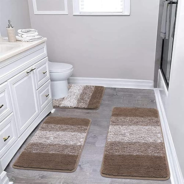 Enyhom Bath Mat Sets 3 Piece Non Slip Washable Bathroom Mat and Pedestal Mat for Toilet Soft Water Absorbent Bath Toilet Rug Floor Shower Rug, Brown