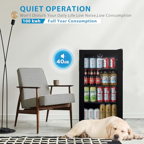 COMFEE' RCZ99BG2(E) Under Counter Beer & Drinks Fridge-93L Capacity,Holds up to 115 Cans, Premium Temperature Performance (2℃ to 15℃), Full Length Low-E Glass, Removable Shelves, LED Light, Low Noise