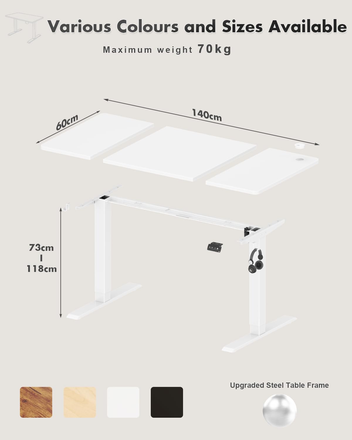 Devoko Electric Standing Desk 120x60cm Sit Stand Table Height Adjustable with Backpack Hook and Memory Smart Pannel, Home Office, White