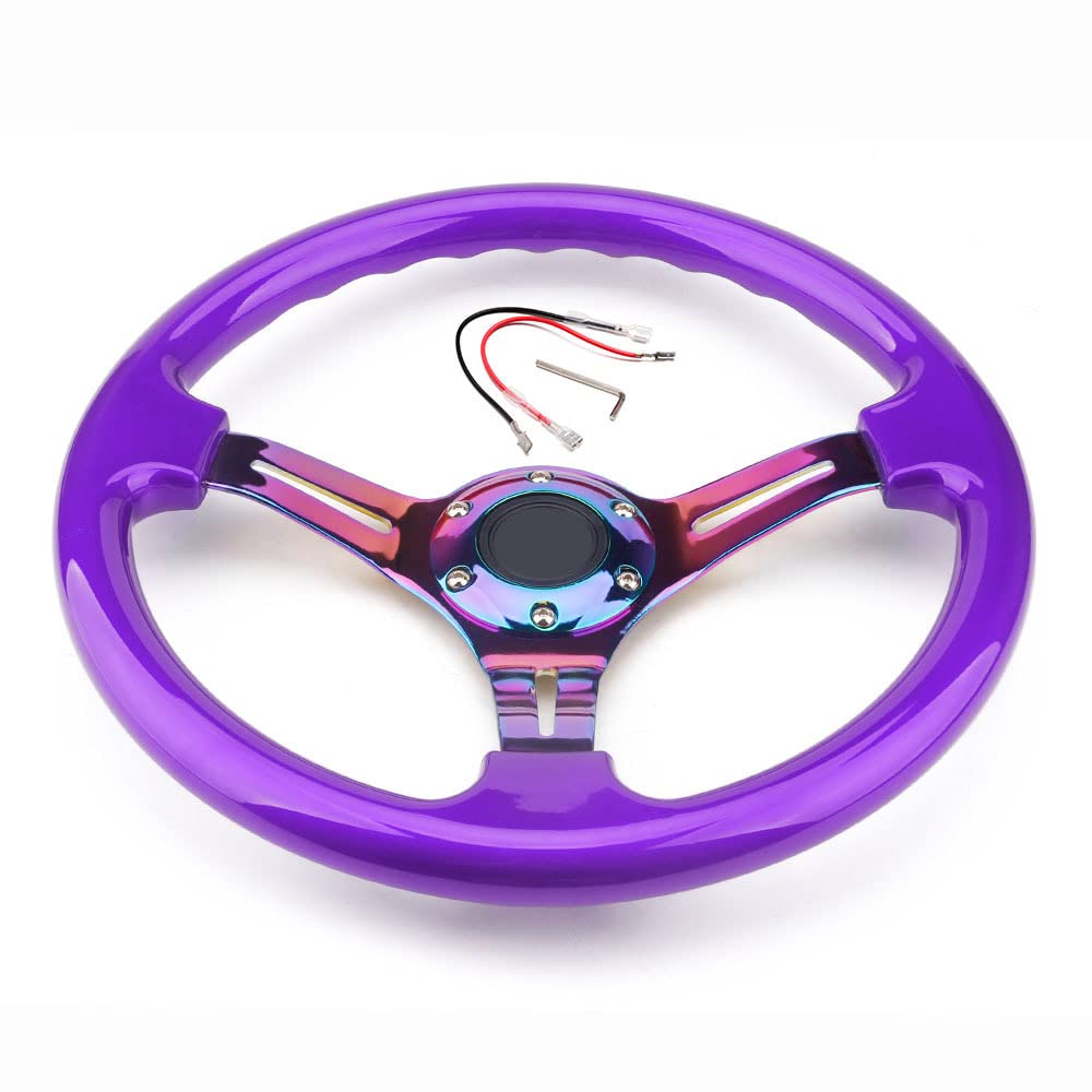 350mm Green Racing Steering Wheel Neo Chrome Spoke Universal 6 Bolts 45mm Deep Dish Classic ABS Wood Steering Wheel with Horn Button