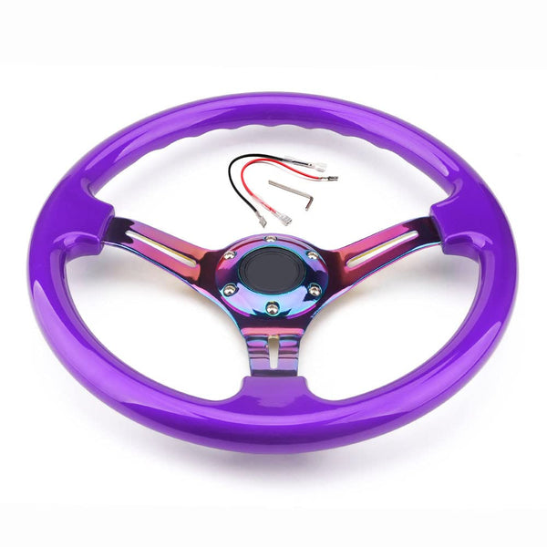 350mm Green Racing Steering Wheel Neo Chrome Spoke Universal 6 Bolts 45mm Deep Dish Classic ABS Wood Steering Wheel with Horn Button