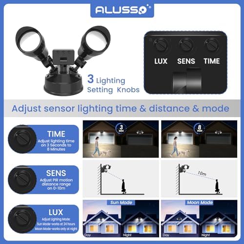 ALUSSO LIGHTING 25W LED Security Lights with Motion Sensor Outdoor 2000lm, Warm Neutral Cool White Adjustable Double PIR Sensor Wall Light IP54 Waterproof for Garden Yard Porch