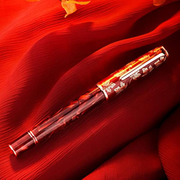 Hongdian N8 Red Acrylic Fountain Pen, Irdidium Long Blade Fine Nib Rose Gold Trim Maple Leaves Carving Cap, Smooth Writing Pen with Converter and Metal Pen Box Set