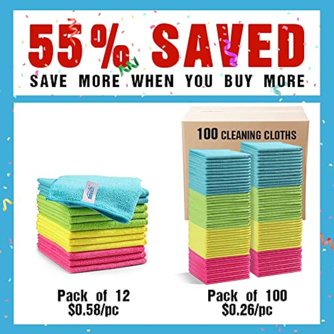 HOMEXCEL Microfibre Cloth,100 Pack Cleaning Rag,Microfibre Cleaning Cloths Towels with 4 Color Assorted,29 x 29 cm (Green/Blue/Yellow/Pink)