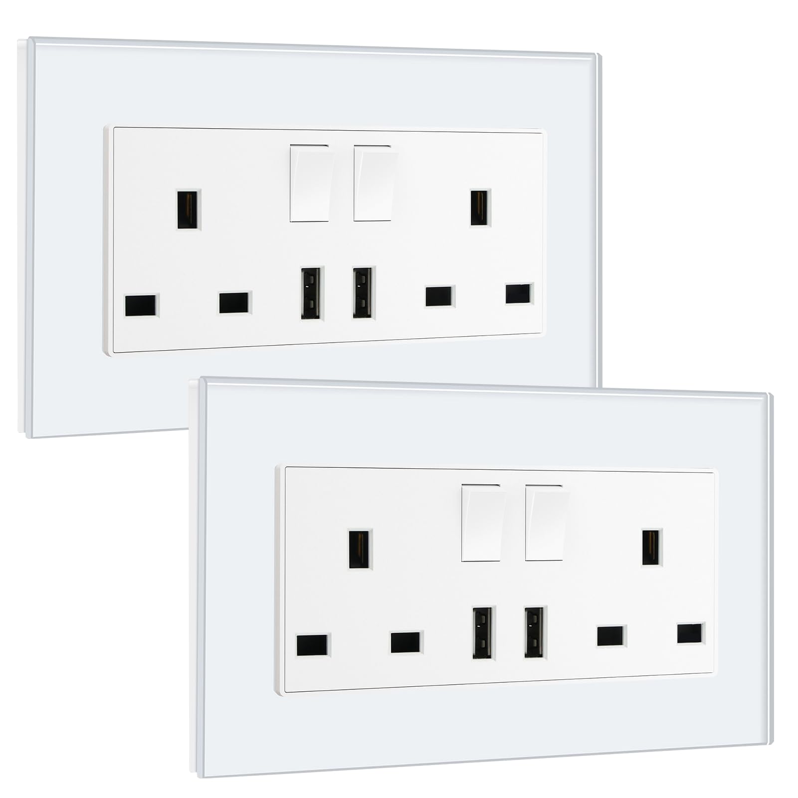 BSEED Double Socket 13A with LED Indicator, Double Switched Wall Socket 2 Gang UK Standard, Electric Switched Plug Power Wall Outlet with Glass Panel, Grey