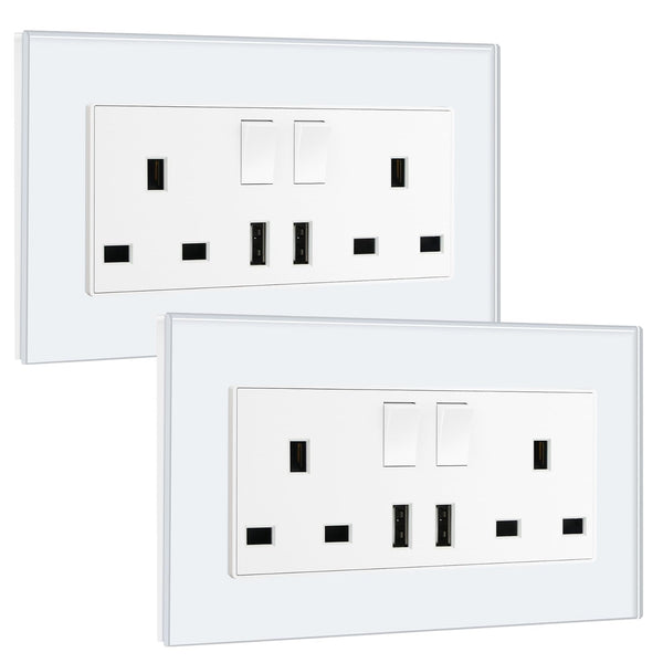BSEED Double Socket 13A with LED Indicator, Double Switched Wall Socket 2 Gang UK Standard, Electric Switched Plug Power Wall Outlet with Glass Panel, Grey
