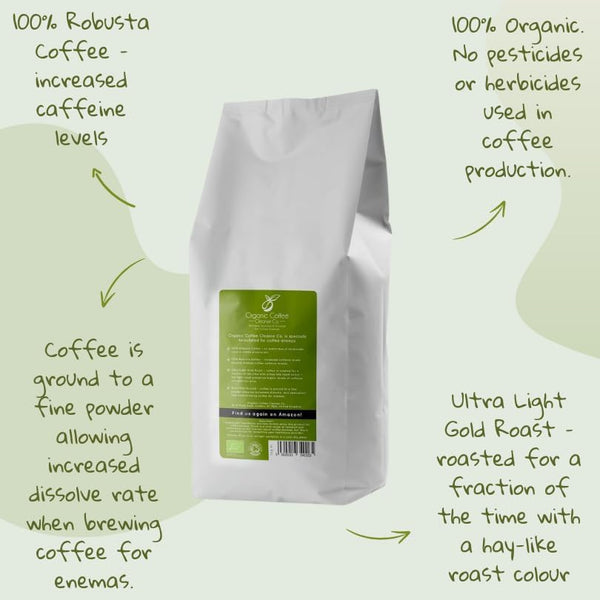 Ground Enema Coffee 1kg - Specifically For Coffee Enemas - Organic Coffee Cleanse Co - 100% Robusta & 100% Organic - Ultra Light Gold Roast - Fine Grind