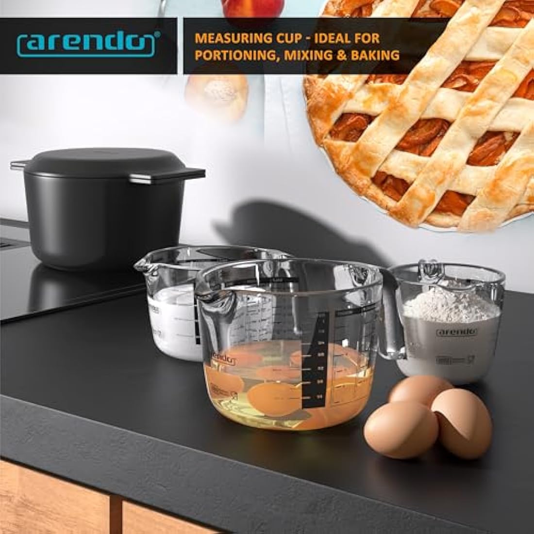 Arendo Set of Glass Measuring jugs, 250ml, 500ml, 1000ml (0.2l 0.5l 1l), Glass Measuring Cup, Transparent Borosilicate - Measuring jug, Accurate Scales, Microwave Safe