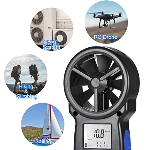 Digital Wind Speed Anemometer Handheld, Kethvoz Windspeed Gauge with Wind Chill Sensor to Measure Air Flow Velocity Temp w/MAX/MIN/AVG, for Drone Fly Climbing Windsurfing Sailing HVAC KE-866B