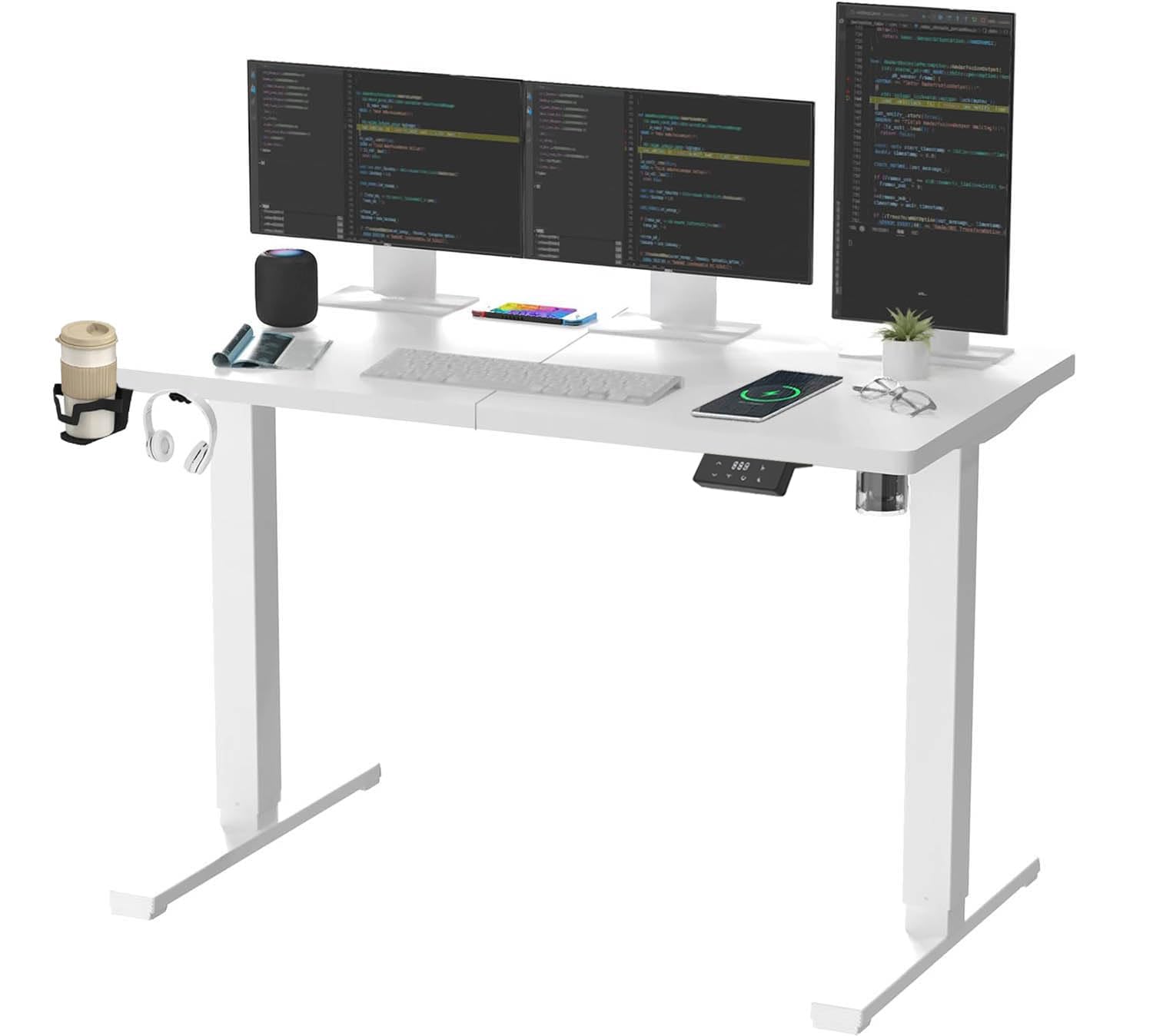 SANODESK QS1+140 * 60 Electric Standing Desk Height Adjustable Standing Desk With Memory Smart Panel Sit Stand Table With Hooks and Cupholder for Home Office （Black Frame+ Black Desktop）