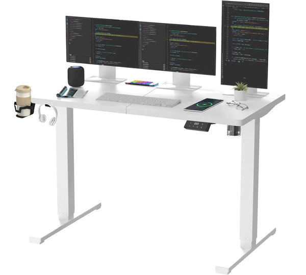 SANODESK QS1+140 * 60 Electric Standing Desk Height Adjustable Standing Desk With Memory Smart Panel Sit Stand Table With Hooks and Cupholder for Home Office （Black Frame+ Black Desktop）