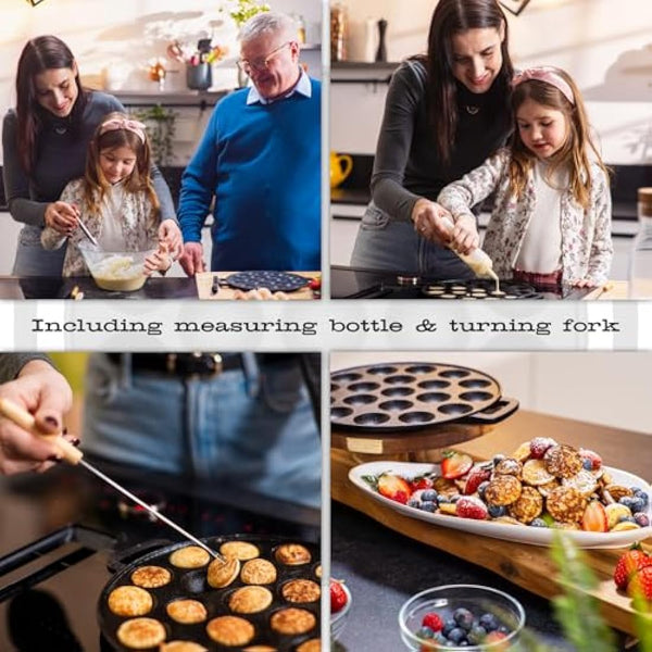 IRONO Poffertjes Pan - Mini Pancake Maker - Pancake Pan - 19 Mini Pancakes - Eggs Crepe Pan - Cast Iron - Includes Brush, Turning Fork, Batter Bottle, Handles