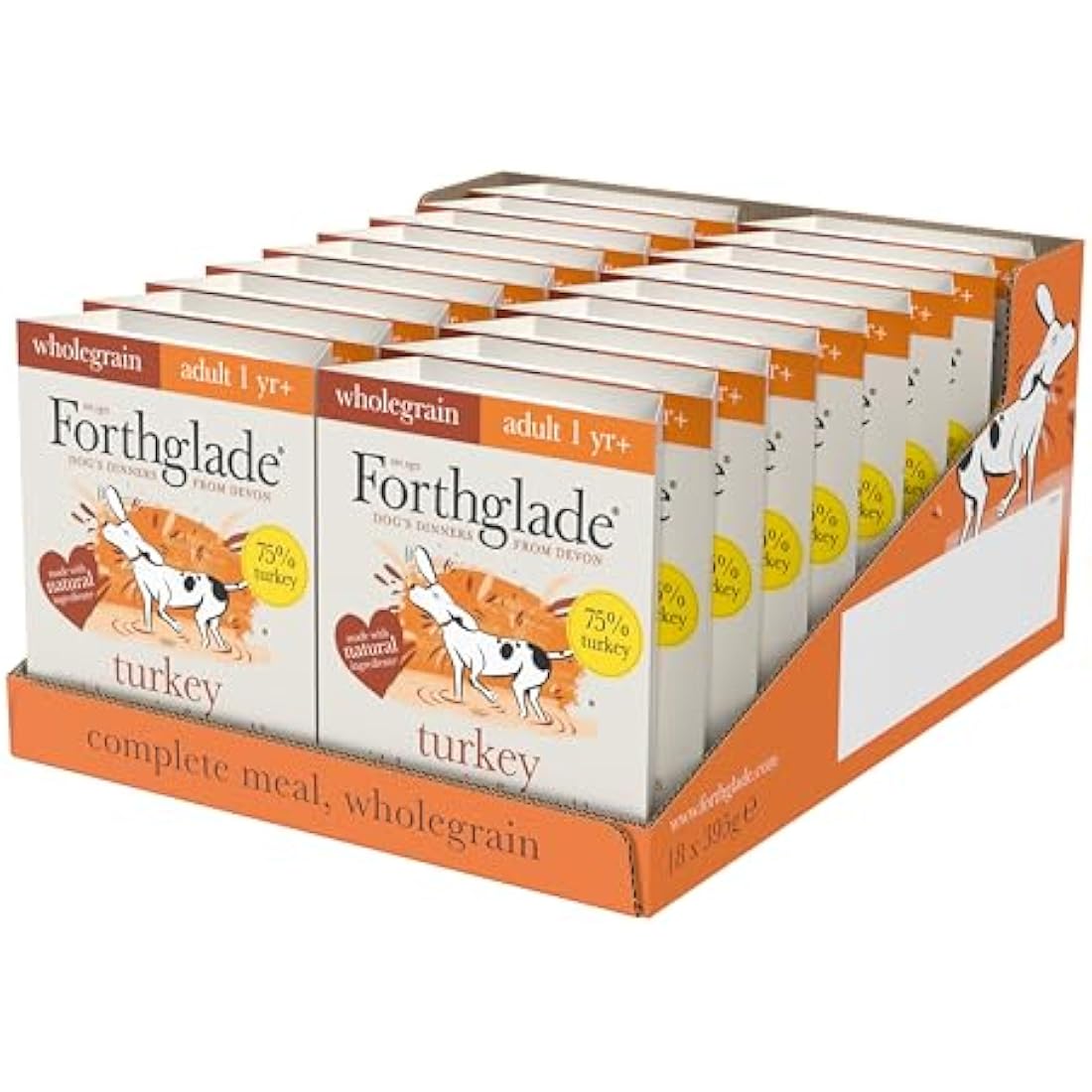 Forthglade Wet Dog Food (18 x 395g Trays) - Wholegrain & Hypoallergenic Dog Food, Turkey with Vegetables and Brown Rice, Adult Stomach Sensitive Meals with Natural Ingredients