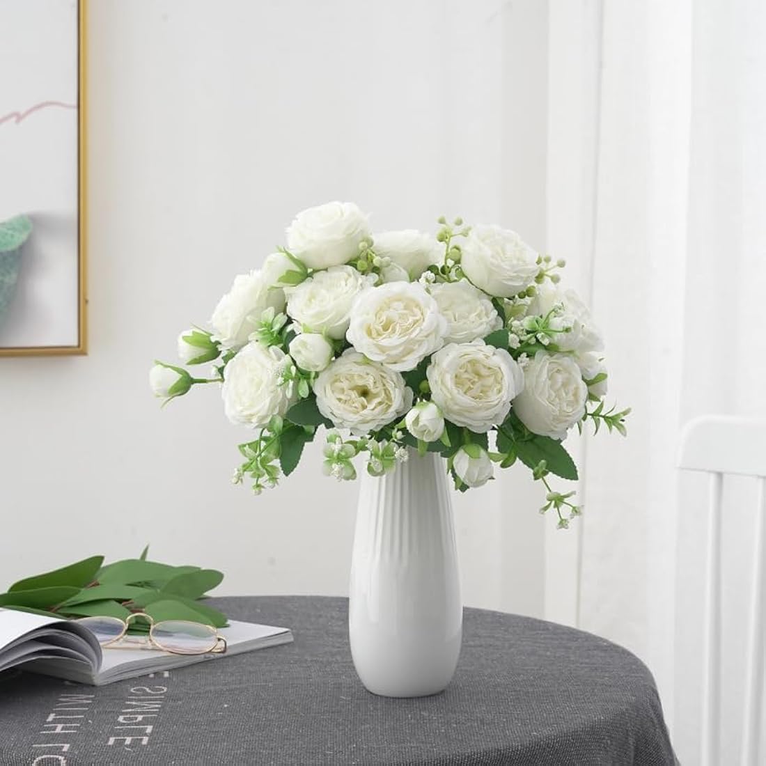 FADACHY 4 Bunches White Real Touch Silk Peonies Artificial Flowers - Lifelike Wedding & Home Table Decor, Garden Centerpieces & Indoor/Outdoor Arrangements
