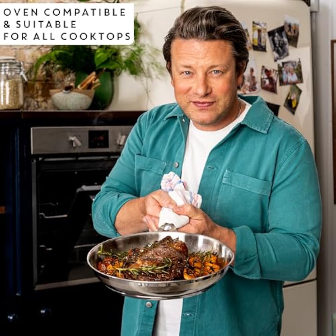 Jamie Oliver by Tefal Cook Smart 24cm Frying Pan, Uncoated Stainless Steel, Riveted Handle, Induction Safe, Thermo-Fusion Base, 90% Recycled Steel E3110455