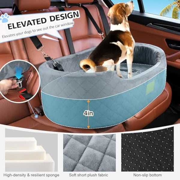 Dog Car Seat for Large/Medium Dogs Under 55 lbs, Travel Bed with thick Washable Booster Pet Car Seat with Non-Slip Base, Fits SUV & Car Back Seat (Gray)