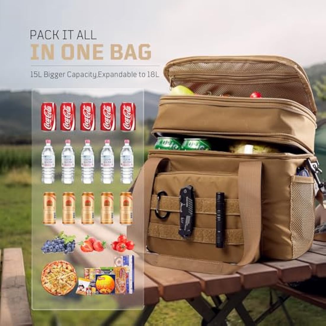 1TG Tactical Insulated Lunch Bag, Expandable Lunch Box for Men, Leakproof Large Cool Bag with Shoulder Stap, Reusable Lunch Tote Bag for Work Travel Camping Picnic Beach, 18L-24L