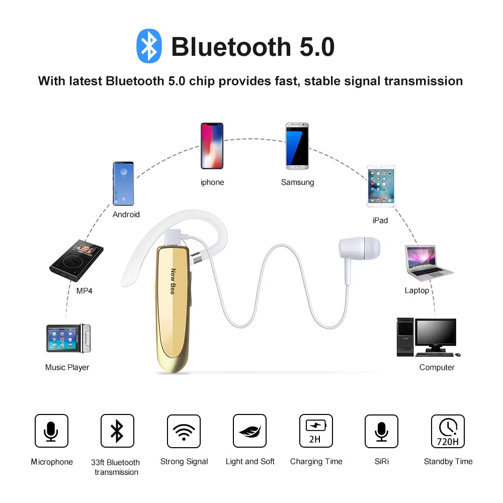 New bee Handsfree Bluetooth Earpiece, Wireless Bluetooth Headset with Microphone 60 Days Standby Headphones with Microphone for iPhone, Samsung, HTC, LG, Sony, PC (Black)