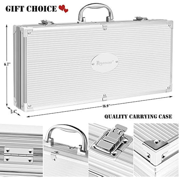 ROMANTICIST 29pcs BBQ Grill Tool Set for Men Dad, Heavy Duty Stainless Steel Grill Utensils Set, Non-Slip Grilling Accessories Kit with Thermometer, Mats in Aluminum Case for Travel, Outdoor Silver