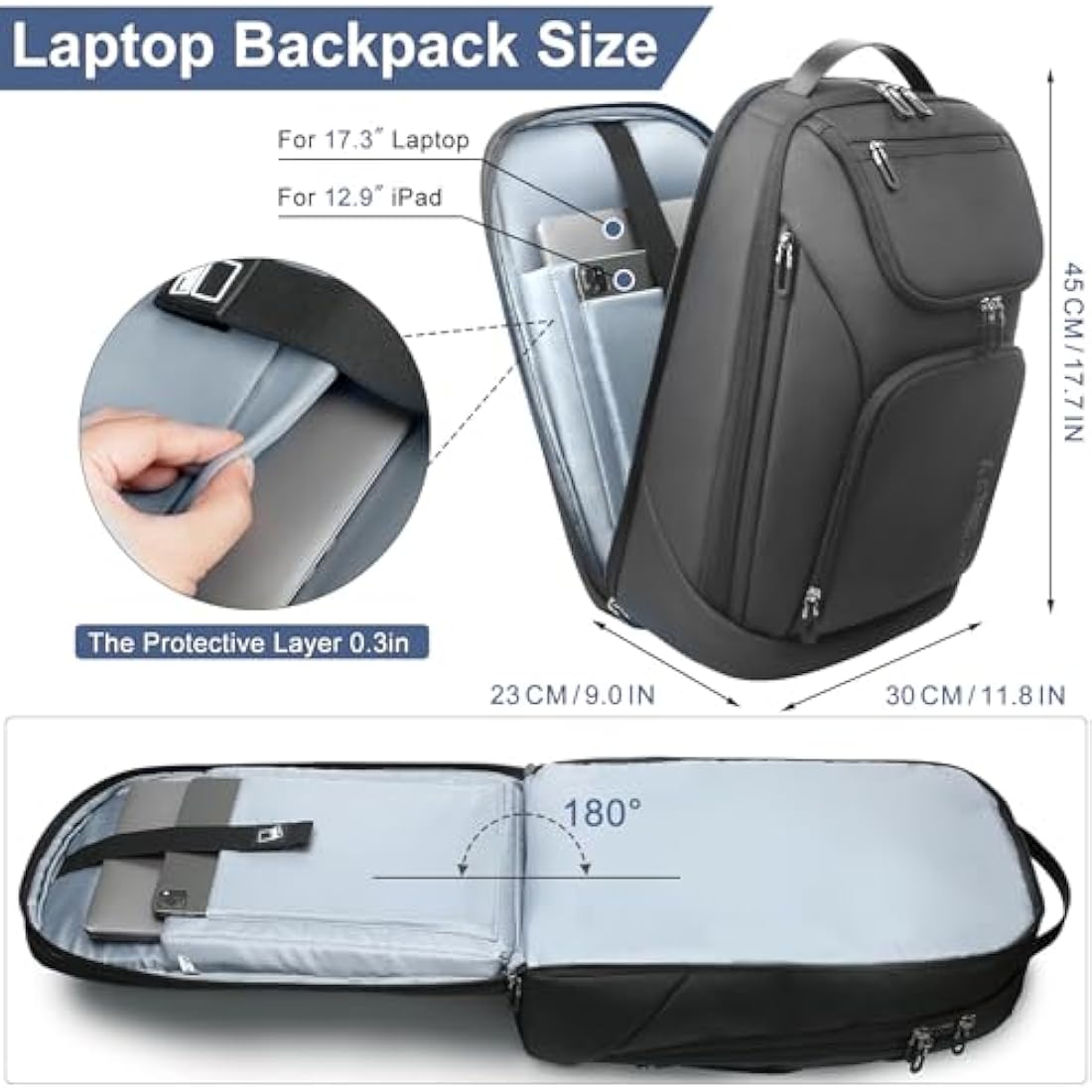 HEROIC KNIGHT Travel Laptop Backpack, 17.3 Inch Business Laptop Rucksack Bag With USB Charging Port, Water Resistant Carry on Backpack, Anti-Theft Computer Work Bag for Men Women-Black