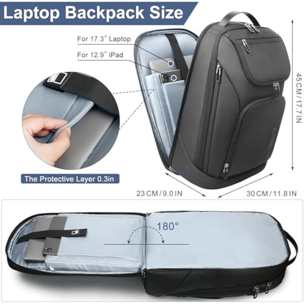 HEROIC KNIGHT Travel Laptop Backpack, 17.3 Inch Business Laptop Rucksack Bag With USB Charging Port, Water Resistant Carry on Backpack, Anti-Theft Computer Work Bag for Men Women-Black