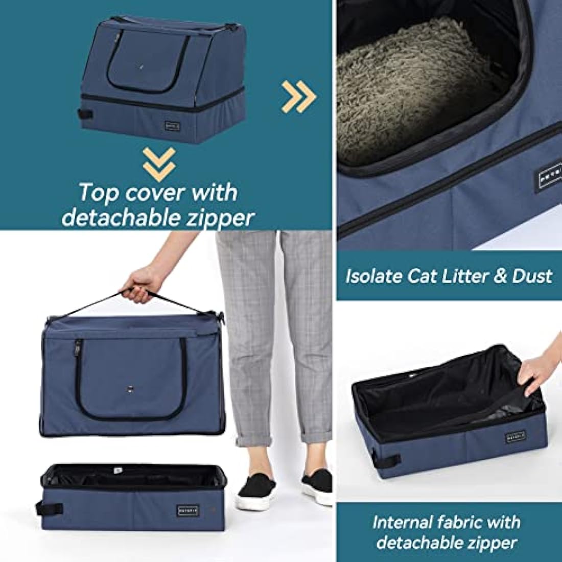 PETSFIT Travel Litter Box for Cats - Removable and Washable 2-Layer Leak-Proof Lining, Scratch-Resistant Fabric with Sturdy Support Frame, Cat Collapsible & Travel Litter Box, Lightweight Blue