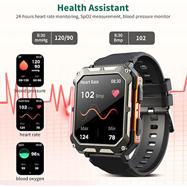 Smart watch military for men with call dials that can make calls and answer calls compatible for iOS Android, Fitness Activity tracker with IP68 Waterproof Ai voice, with 123 Sports Modes