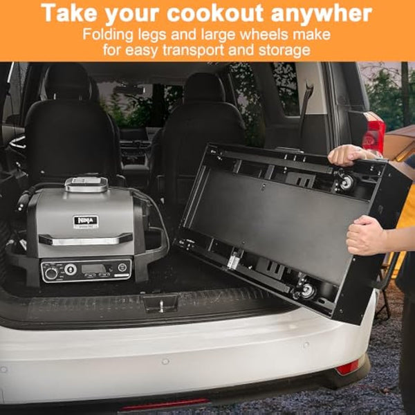 28" and 34" Upgrade Height & Quick-Fold Portable Grill Cart for Ninja Woodfire (OG700 Series), Blackstone 17"/22" Griddle, Pizza Oven – Outdoor Ninja Grill Stand with 4 Swivel Wheels