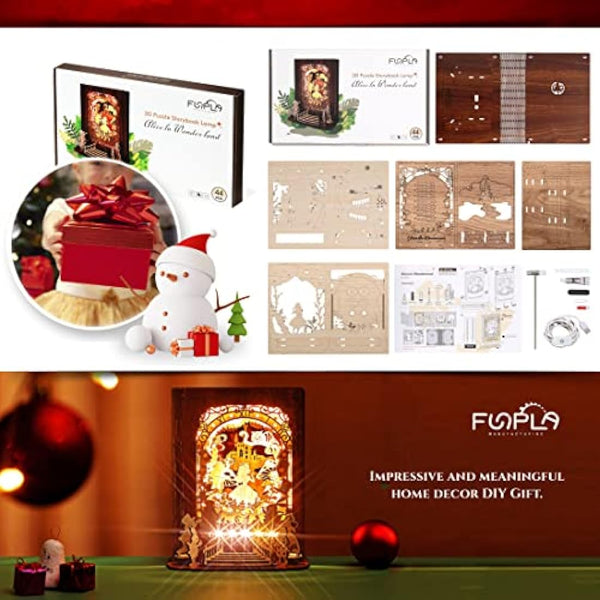FUNPOLA Alice in Wonderland 3D Puzzle Nightlight – DIY 3D LED Book Lamp – 3D Wood Puzzles Décor Lamp for Kids and Adults