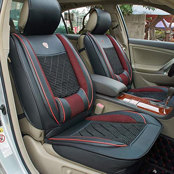 JSCARLIFE PU Leather Auto Car Seat Covers Universal Car Seat Cover Cushion Back Support Waist Massage (Black)