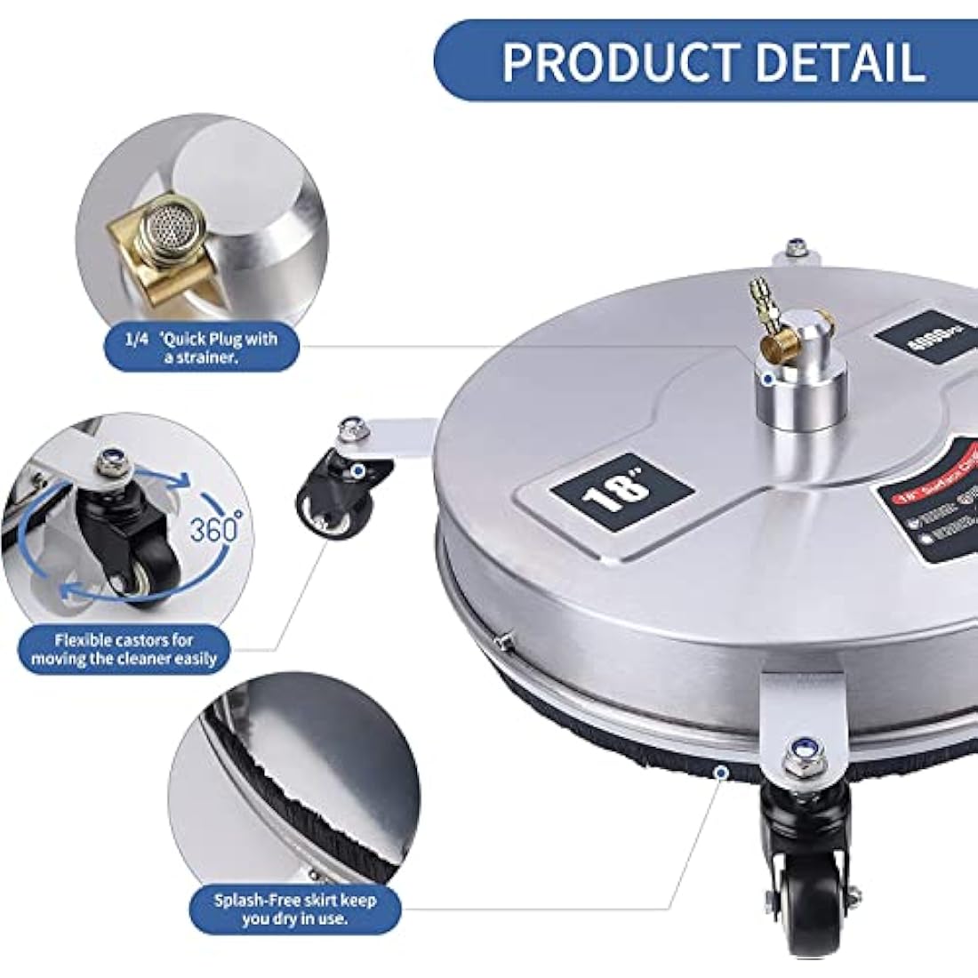 15" Pressure Washer Surface Cleaner with 4 Wheels, Stainless Steel Housing & 1/4" Quick Connector, Power Washer Attachment with 2 Extension Wands, 2 Replacement Nozzles, 4000 PSI (15inch)