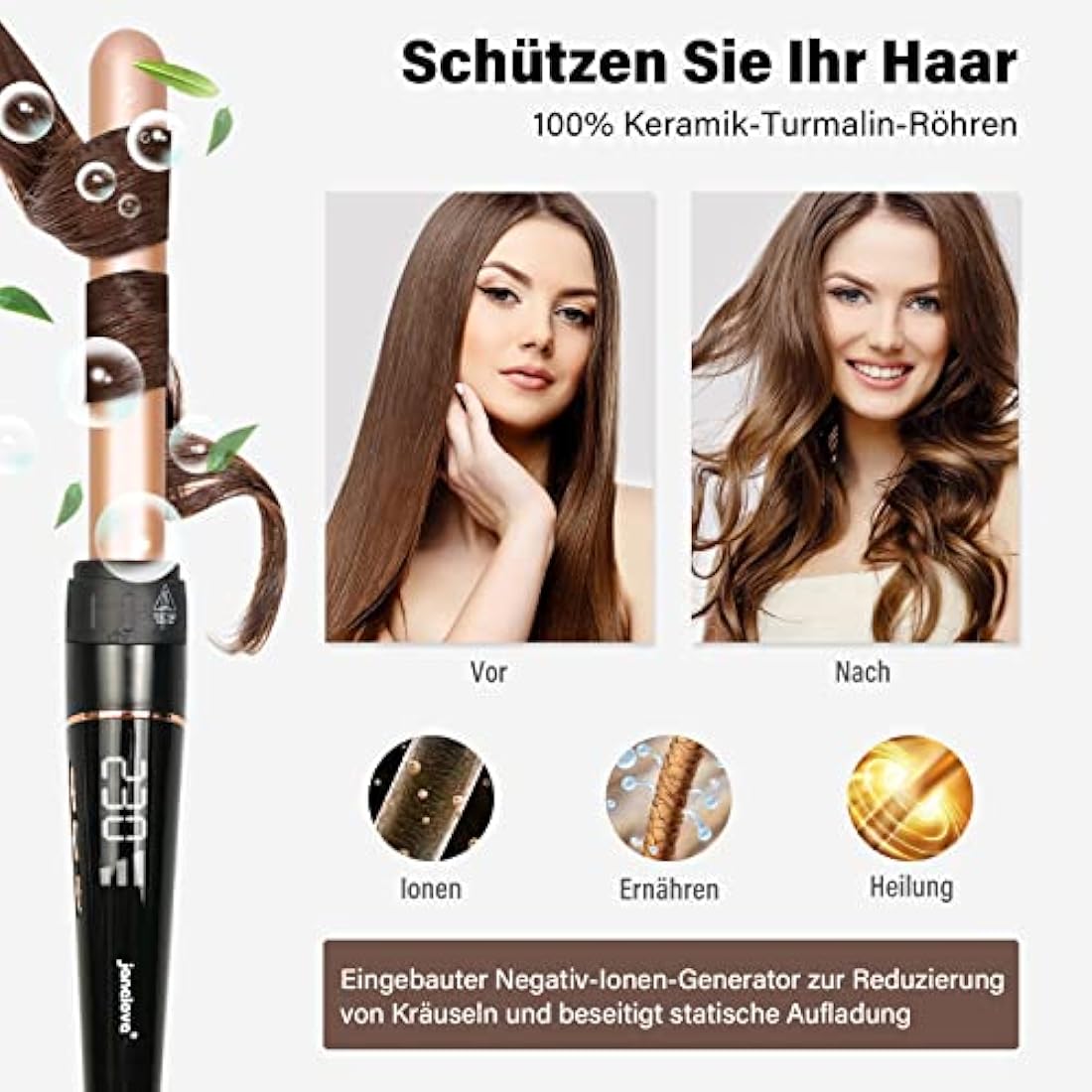 janelove Hair Curler, Curling Wand, with 3 Barrel Hair Waver, from 19 mm to 25mm Waver Curling Wand, LCD Display /180-450°F Temp Adjustment (Gold)