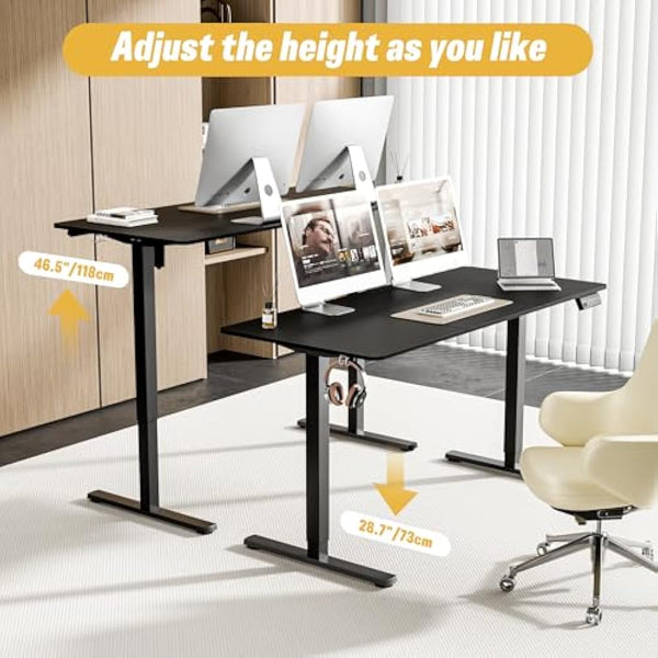 ERGOMAKER Electric Standing Desk 140x60cm (55.1"x23.6"), Height Adjustable Standing Desk with Splice Board, Stand Up Desk with Backpack Hook and Memory Smart Handset(Black Frame + Black Desktop)