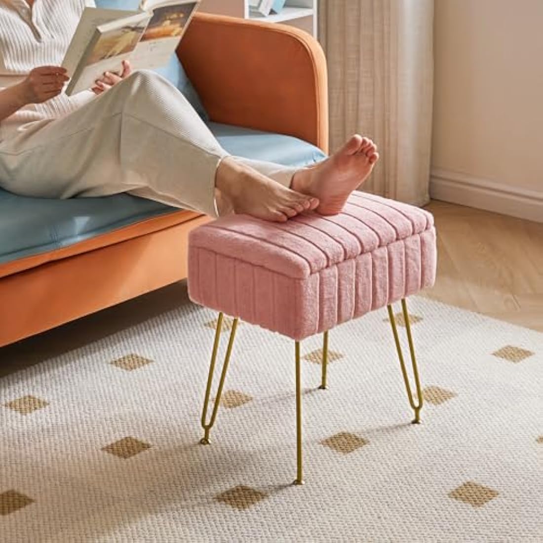 IBUYKE Stool Chair with Storage Space, Footrest Footstool Ottoman, Small Side Table, with 4 Metal Legs, with Anti-Slip Feet, for Makeup Room, Bedroom, Faux Fur, Pink L/G-50P