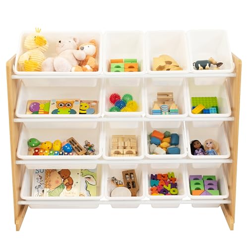 Humble Crew Journey Extra-Large Wooden Toy Storage Organiser for Children, with 16 BPA Free Plastic Removeable Storage Bins, Ideal for Storing Toys,
