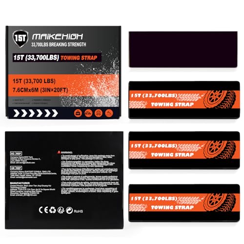 MAIKEHIGH Tow Rope 15 Ton (33,700 Lbs), 6M x 7.6cm Off-Road Recovery Towing Strap with 2 Gloves for Car, Truck, SUV, Emergency (Black)