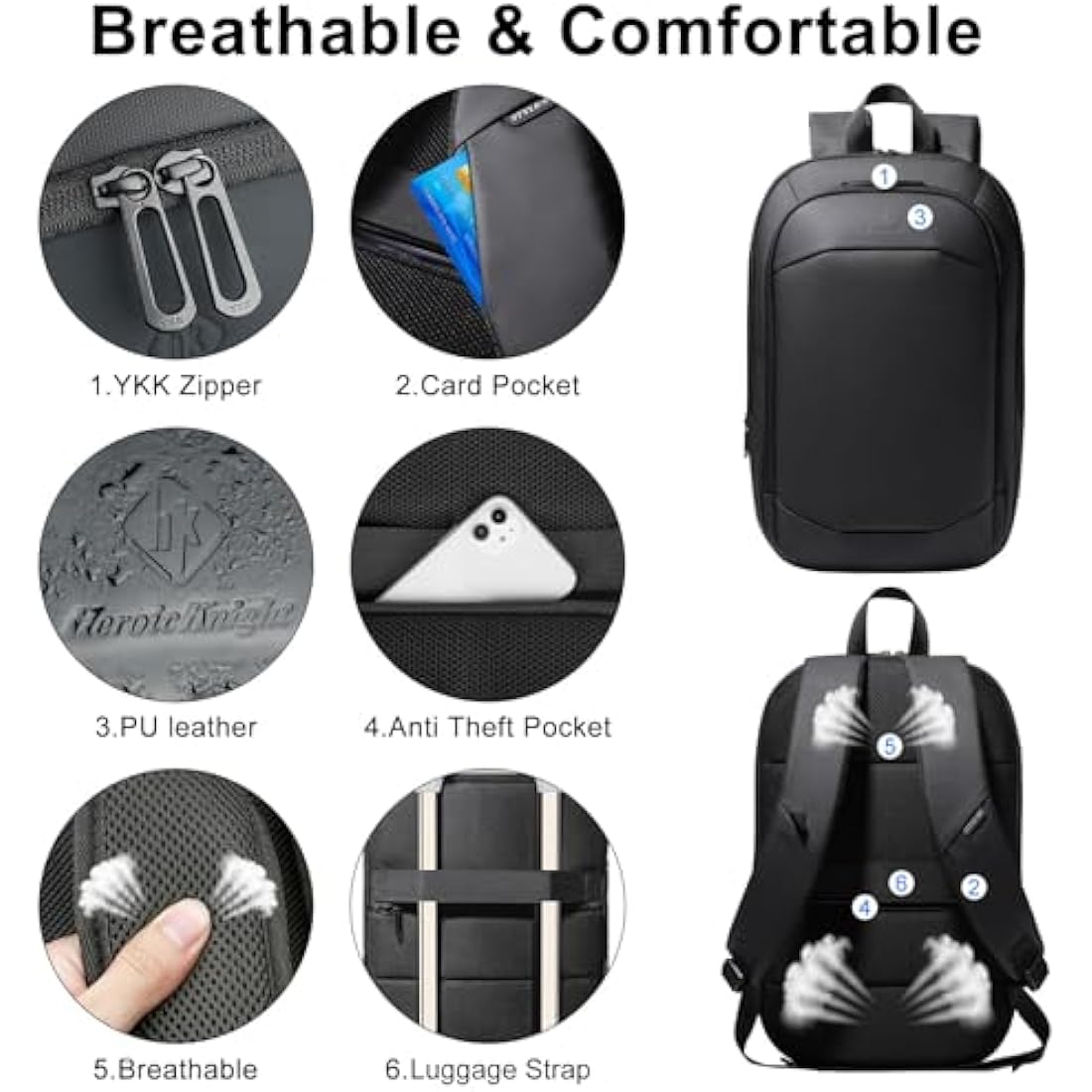 HEROIC KNIGHT Slim Laptop Backpack, Expandable Business Travel Backpack, Water-Resistant Anti Theft Laptop Rucksack, Lightweight Computer Work Bag Daypack For Men Women, Fits 15.6 Inch- Black