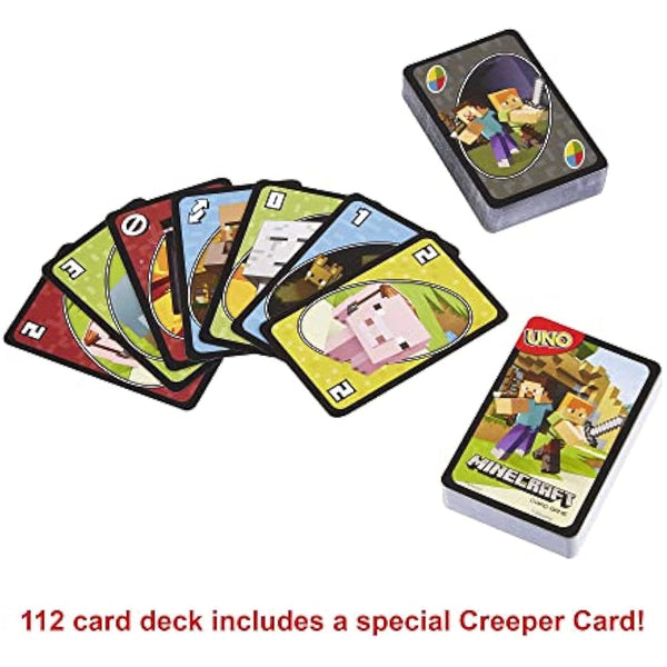 Mattel Games UNO Minecraft, Collectible Card Deck with 112 Cards, Card Game for Family Game Night, Use as Travel Game, Engaging Gift for Kids, 2 to 10 Players, Ages 7 and Up, FPD61