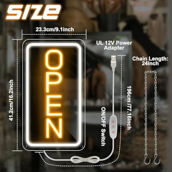 16"x 9" Adjustable Brightness Open Signs for Business, Ultra Bright Lighted Sign Open Powered by USB with ON/OFF, Electric Light up Sign for Stores, Restaurants Offices Retail Shops Window Storefronts