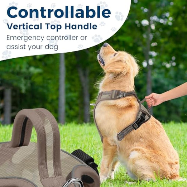 Funfox Dog Harness Medium No Pull, Adjustable 2 Clips Anti-Pull Vest with Practical Handle, Breathable Padded Pet Harness Designed for Small/Large Breeds, Reflective Training Walking Camo Green M