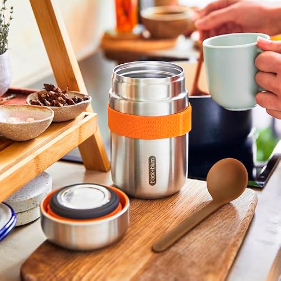 BLACK + BLUM - Food Flask - Vacuum Insulated 304 Stainless Steel Food Container with Leak Proof Lid, Nylon Strap and Natural Wood Fibre Spoon - Keeps Hot for 6 hrs, Cold for 8 hrs, Orange - 400ml