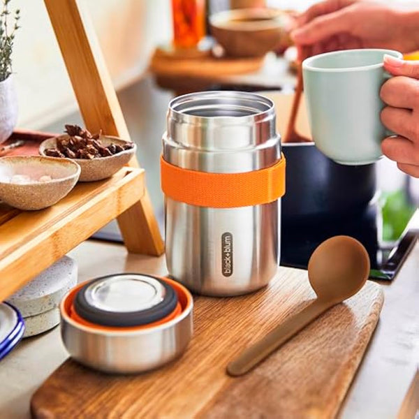 BLACK + BLUM - Food Flask - Vacuum Insulated 304 Stainless Steel Food Container with Leak Proof Lid, Nylon Strap and Natural Wood Fibre Spoon - Keeps Hot for 6 hrs, Cold for 8 hrs, Orange - 400ml