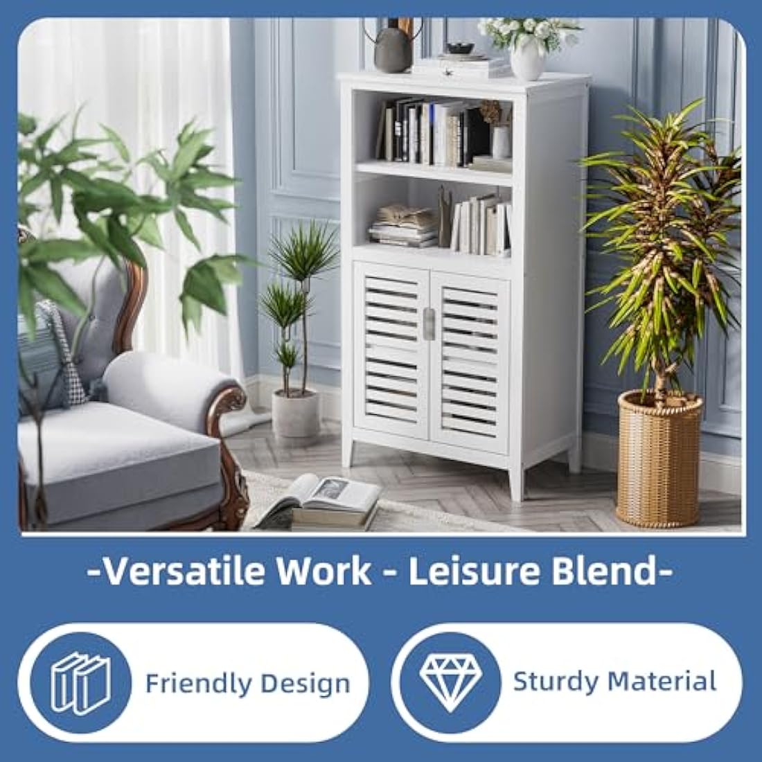 HITNET Bathroom Floor Storage Cabinet, Bamboo Freestanding Kitchen Organizer Rack with Double Doors and 2 Removable Shelves, White