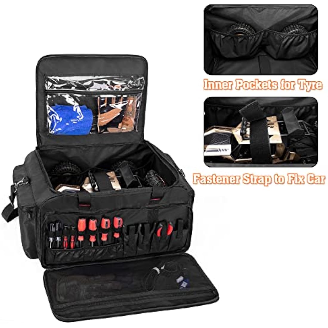 DSLEAF RC Storage Bag for 1/8 or 1/10 Car, Protective RC Carry Case with Multi Pockets for Batteries, Charger, Tools and Other Accessories, Patented Design