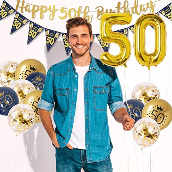 50th Birthday Decorations Men Blue Gold Happy 50th Birthday Banner, 50th Birthday Balloons, Navy Blue Gold Latex Balloons Party Decorations Confetti Balloons for Men 50 Birthday Party Supplies