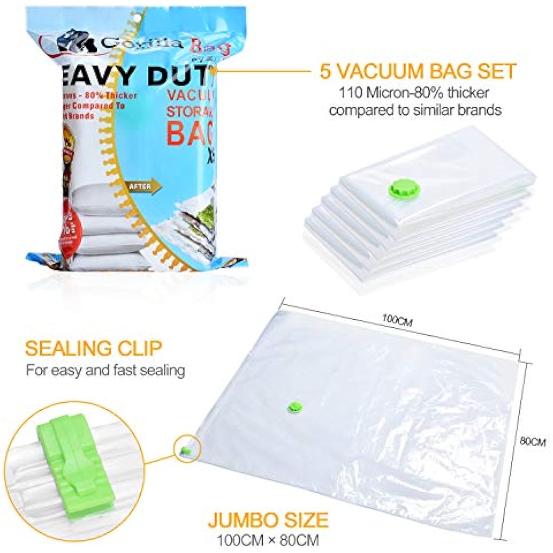HEAVY DUTY 5 VACUUM STORAGE BAGS by Gorilla Bags, Extra Large 100x80cm. Extra Strong 110 Microns. Double Zip Seal & Unique Turbo Valve Keeps Items Compressed For Longer.